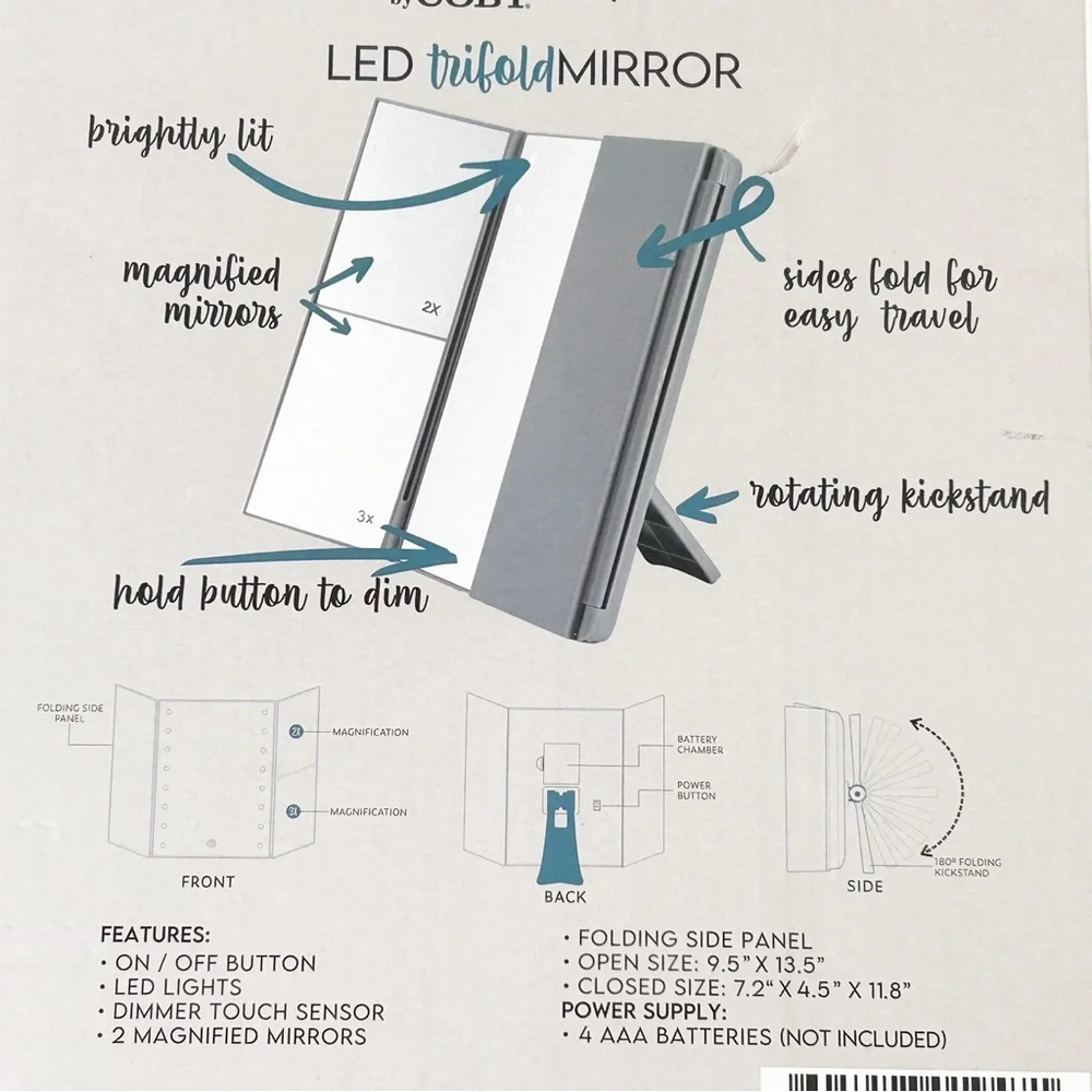 Coby Vanityz Trifold LED Mirror Grey 1x 2x 3X Magnification NEW